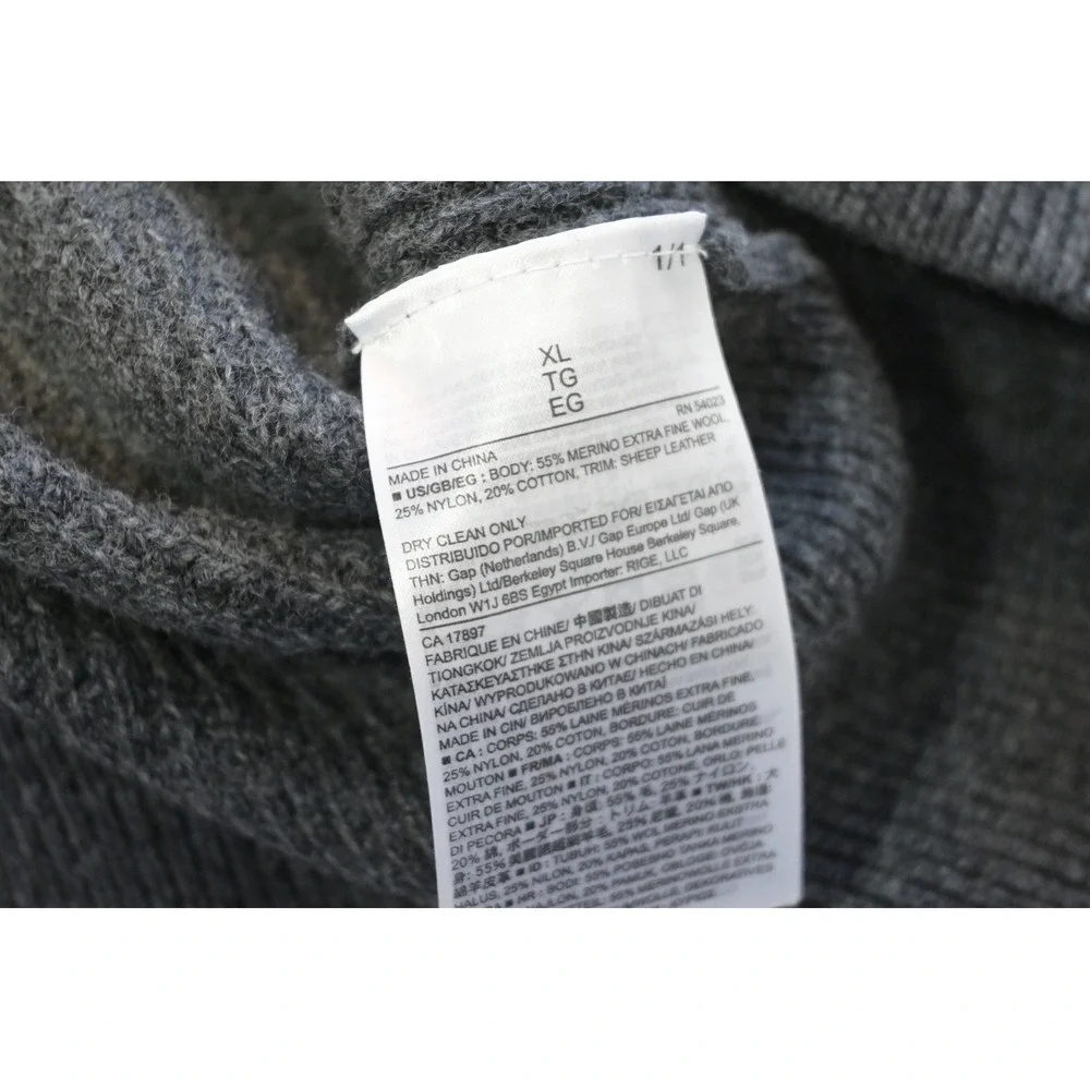 Banana Republic Sweater Mens XL Gray Merino Wool Leather Trim Quarter Zip EUC